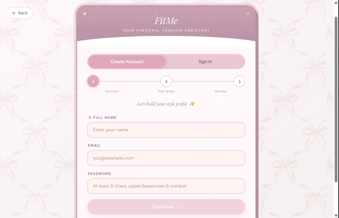 Onboarding screen showing account creation, email verification, and profile fields for body shape, height, weight, and style preferences.