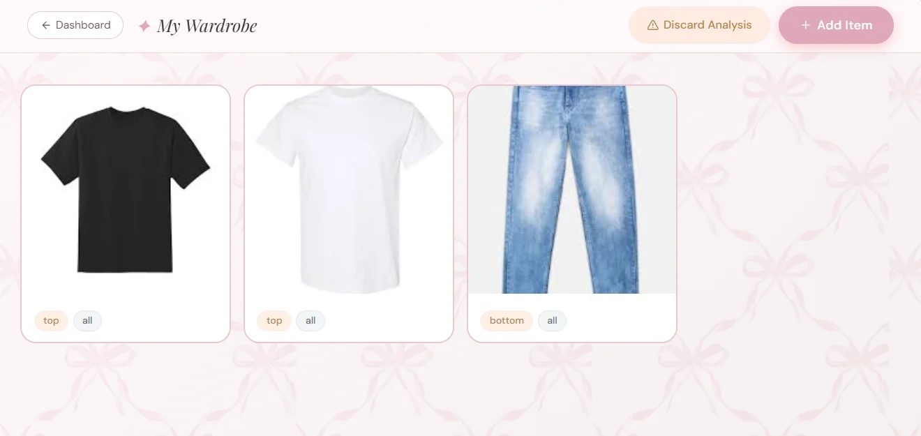 Wardrobe upload form showing clothing image analysis results with category, dominant color, secondary color, and pattern details.
