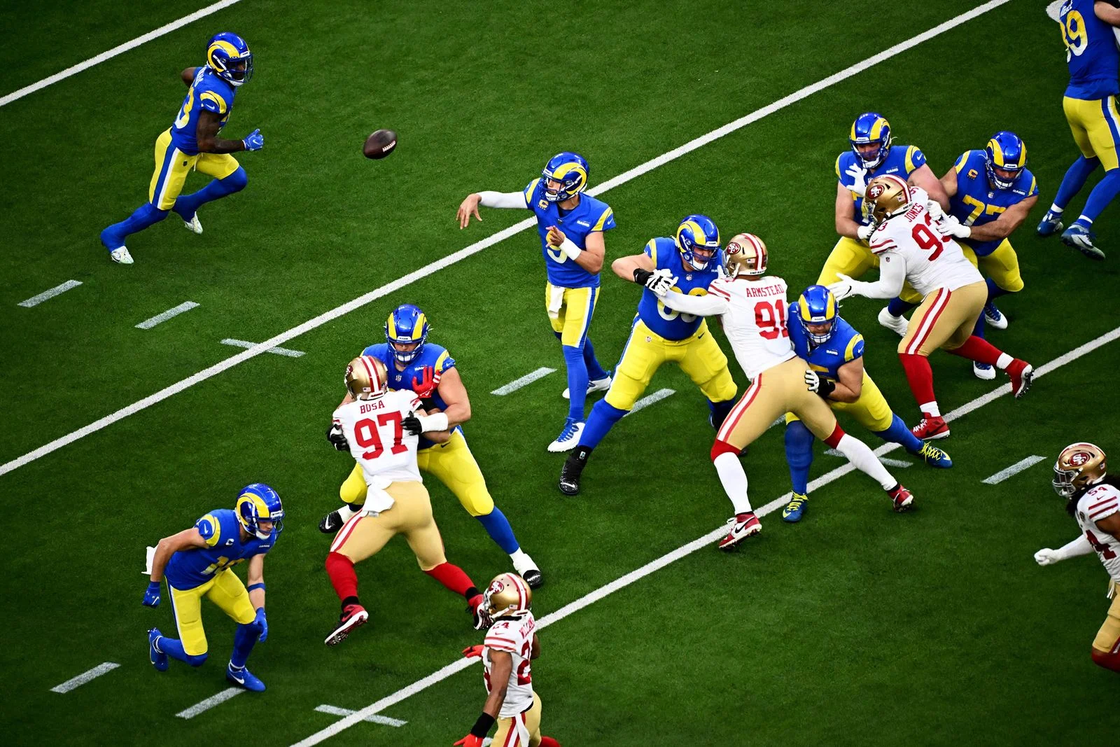 Aerial view of American football players in the middle of a play